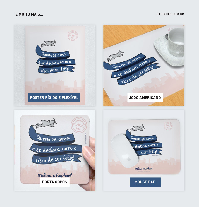 Presentes criativos para o Dia dos Namorados: mouse pad, jogo americano, poster, porta-copos